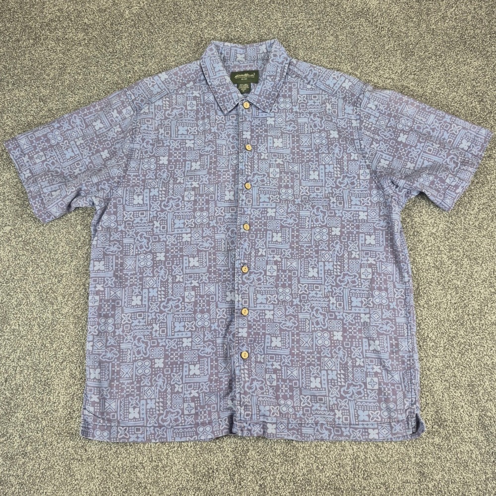 Eddie‎ Bauer Shirt Mens Medium Linen Cotton Blue Geometric Print Button Up